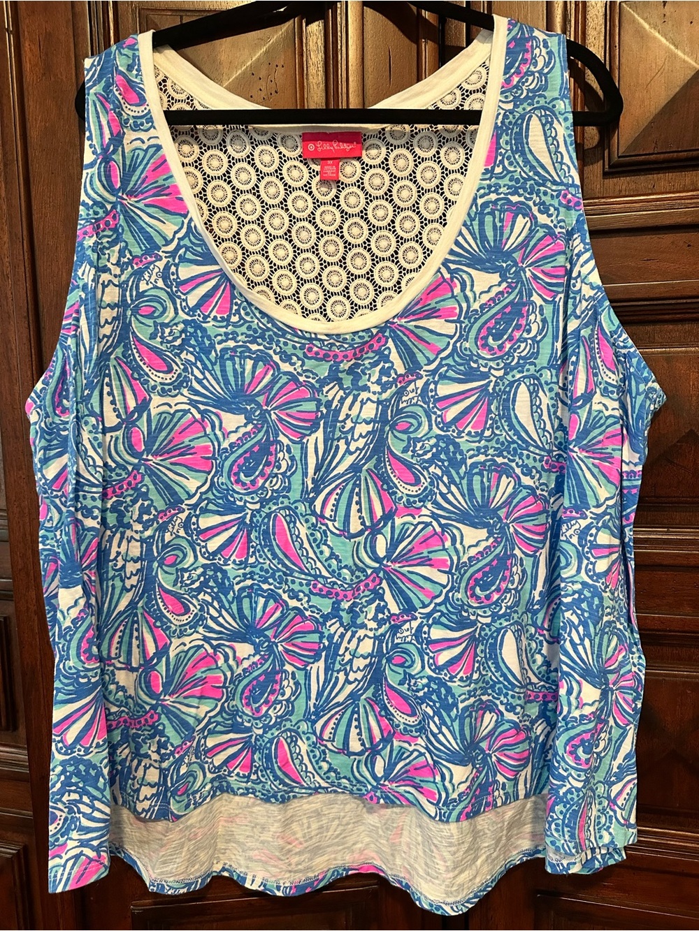 3X Lilly Pulitzer Target Blue & Pink Printed Tank Top crocheted lace back